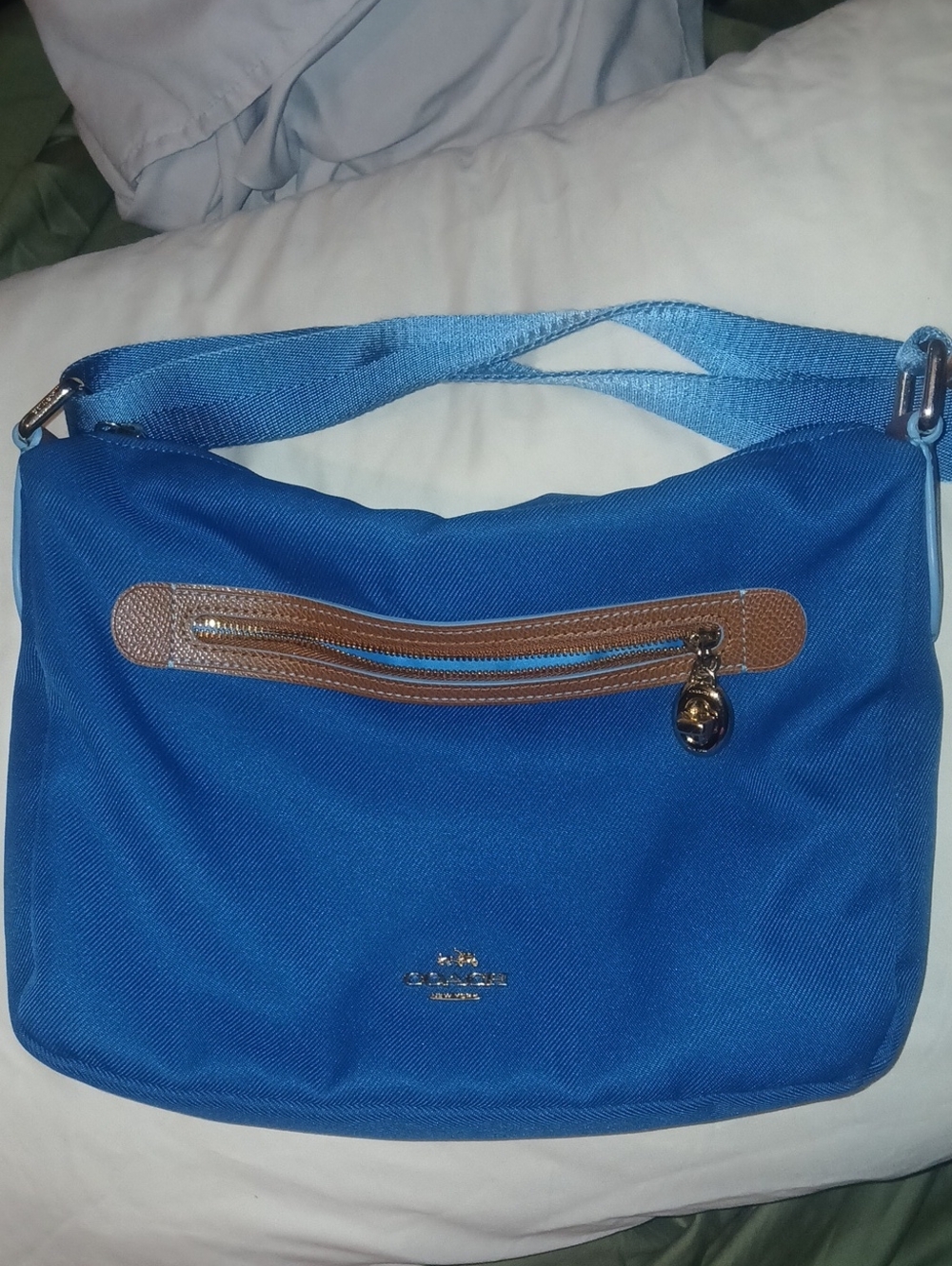 Coach Bright Blue Nylon Shoulder Bag with Brown Leather Trim